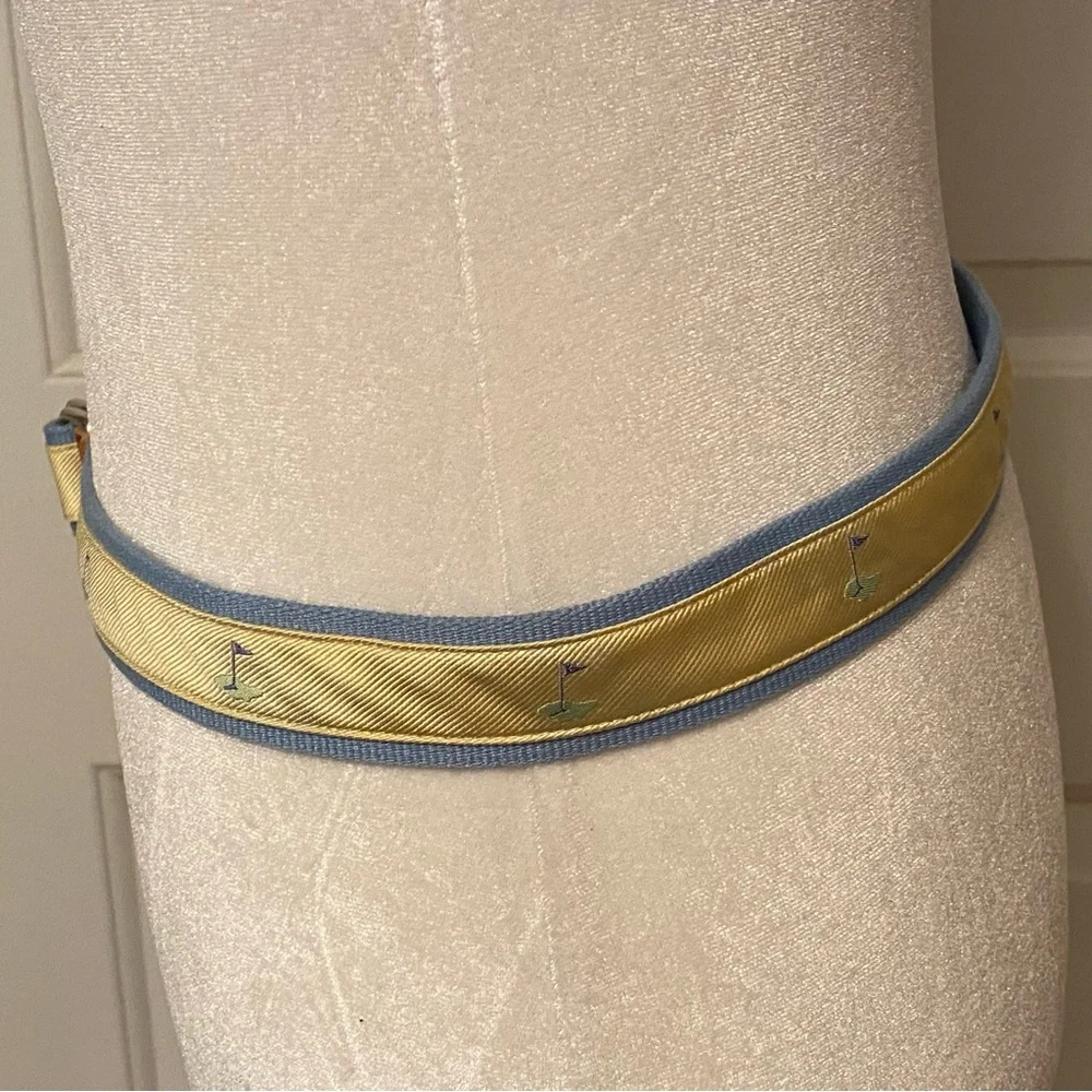 J. McLAUGHLIN BELT GOLF FLAG BLUE WEBBING YELLOW RIBBON BROWN LEATHER SIZE S USA